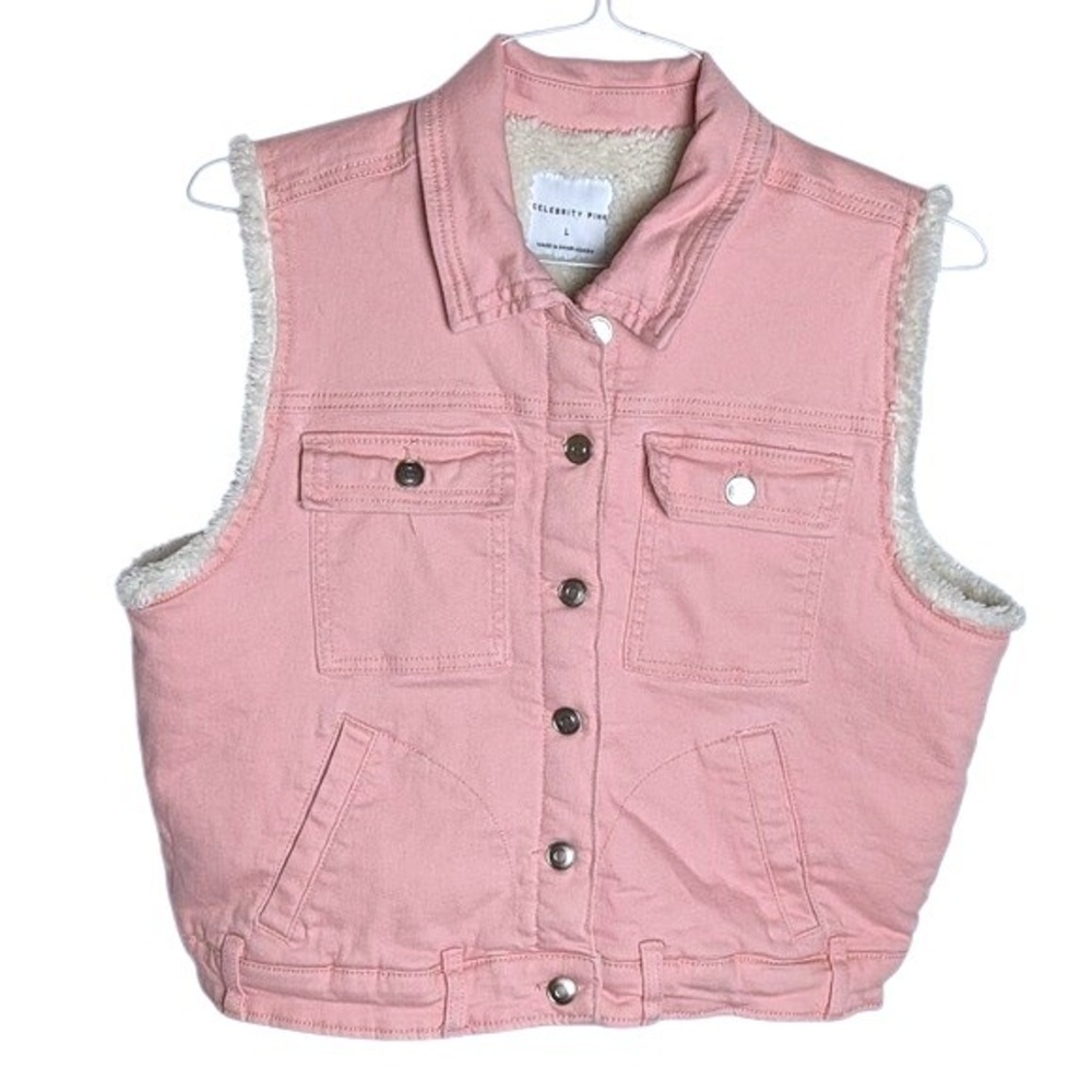 Celebrity Pink Pink Denim Vest‎ Sherpa Lined Barbiecore Western Coastal Cowgirl